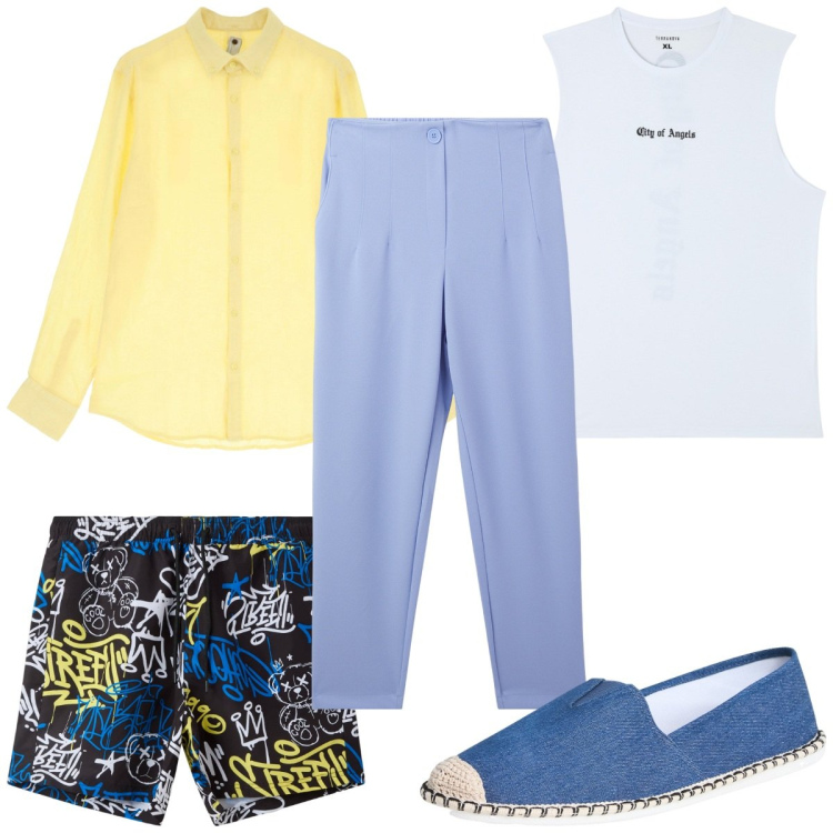 Outfit uomo - Total look #2211149. Stile Trendy per Mare. Abbinamento con canottiere, espadrillas, pantaloni chino, costumi, camicie.