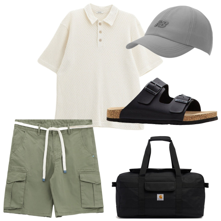 Outfit uomo - In vacanza. Stile Casual per Mare. Abbinamento con sandali, cappelli con visiera, bermuda, polo, borse sportive.