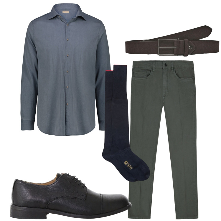 Outfit uomo - In ufficio. Stile Business/Elegante per Ufficio. Abbinamento con cinture, scarpe stringate, calzini, pantaloni, camicie.