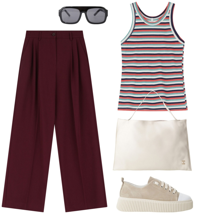 Outfit donna - Bordeaux estivo. Stile Casual per Tutti i giorni. Abbinamento con top, sneakers, occhiali da sole, pantaloni, borse a spalla.