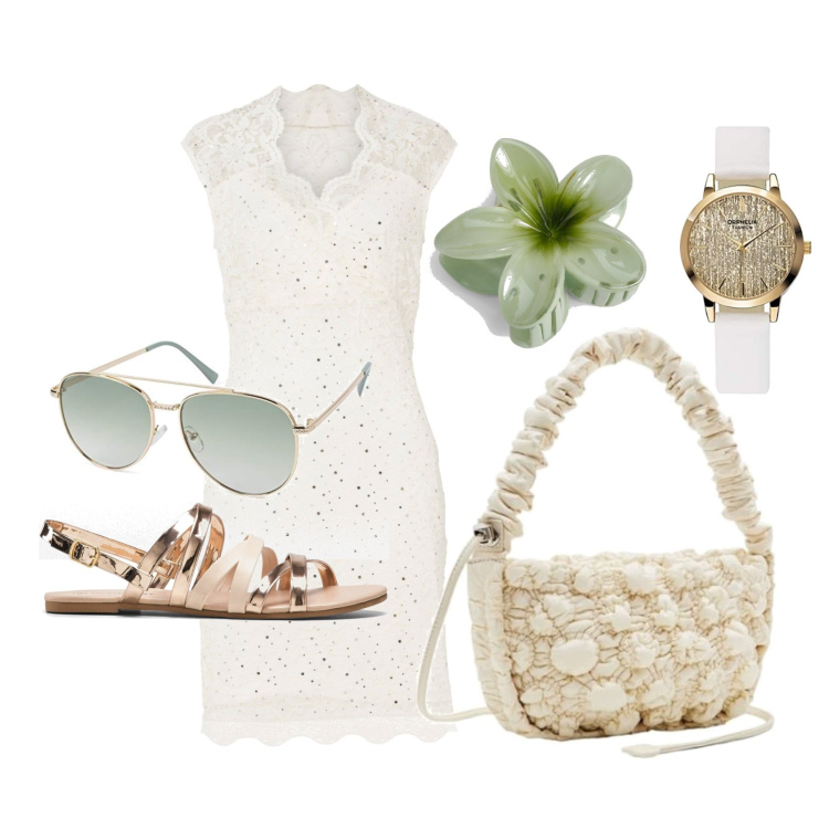 Outfit femme - Juillet. Style Glamour pour Tous les jours. Assortir avec robes longues, sandales, lunettes de soleil, montres analogiques, sacs en bandoulière, accessoires pour cheveux.