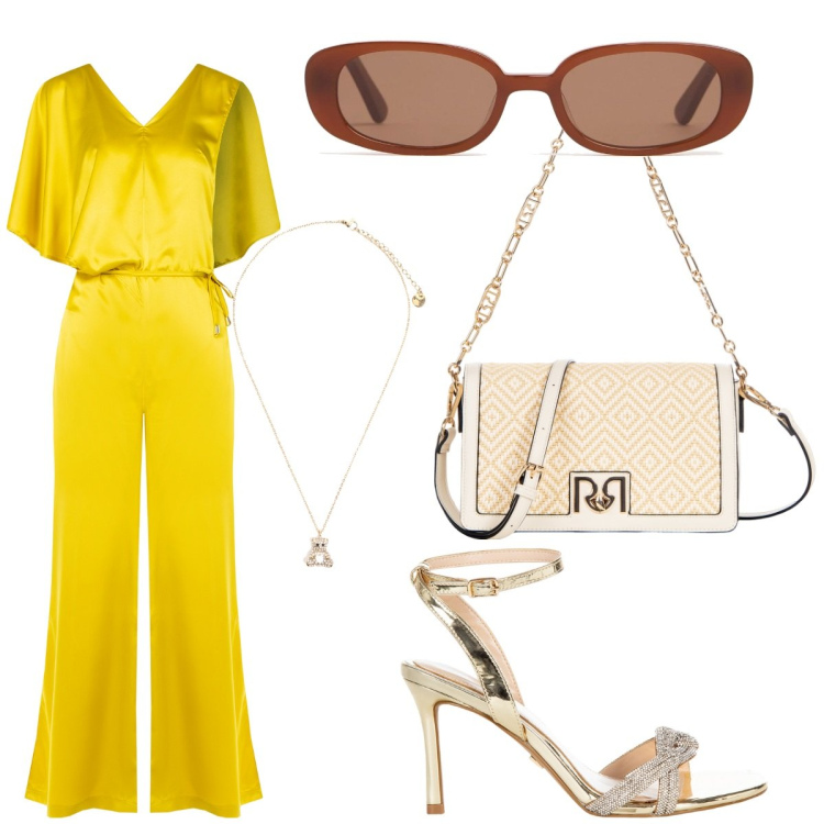 Outfit donna - Seratissima dedicata. Stile Trendy per Serata fuori. Abbinamento con tute, borse a tracolla, sandali col tacco, ciondoli, occhiali da sole.