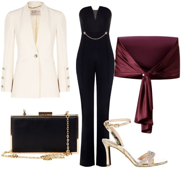 Outfit donna - Sfumature di potere nero ed oro. Stile Chic per Serata fuori. Abbinamento con scialli, pochette, tute, blazer, sandali col tacco.