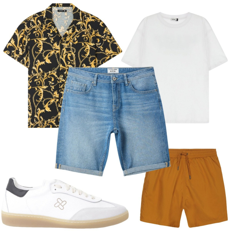 Outfit uomo - Total look #2211183. Stile Trendy per Mare. Abbinamento con camicie a manica corta, bermuda, sneakers, t-shirt, costumi.