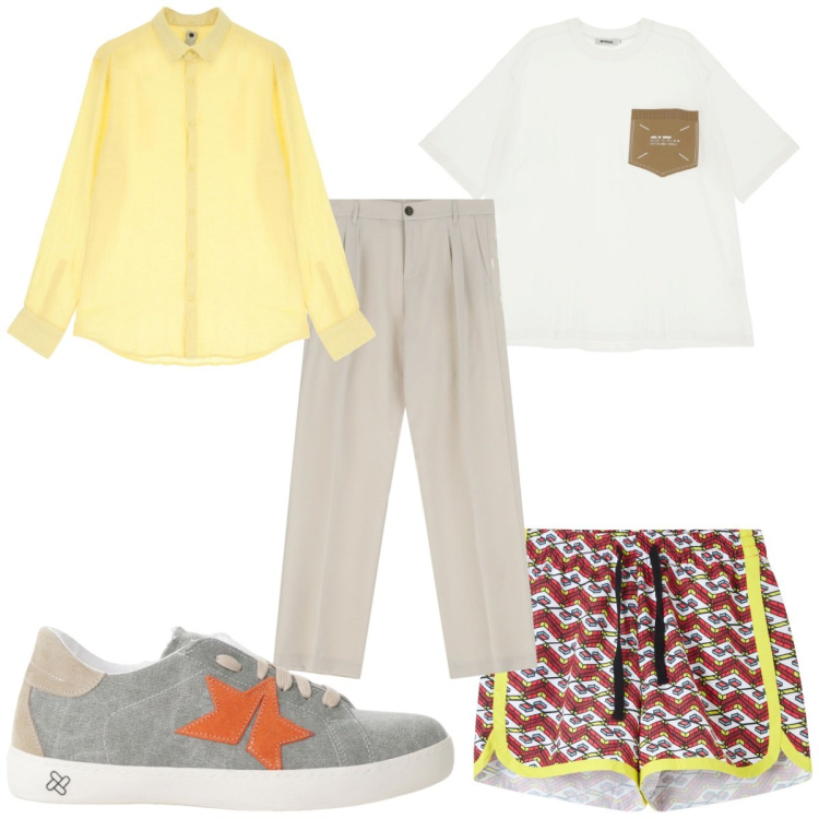Outfit uomo - Total look #2211187. Stile Trendy per Mare. Abbinamento con costumi, pantaloni, t-shirt, sneakers, camicie.