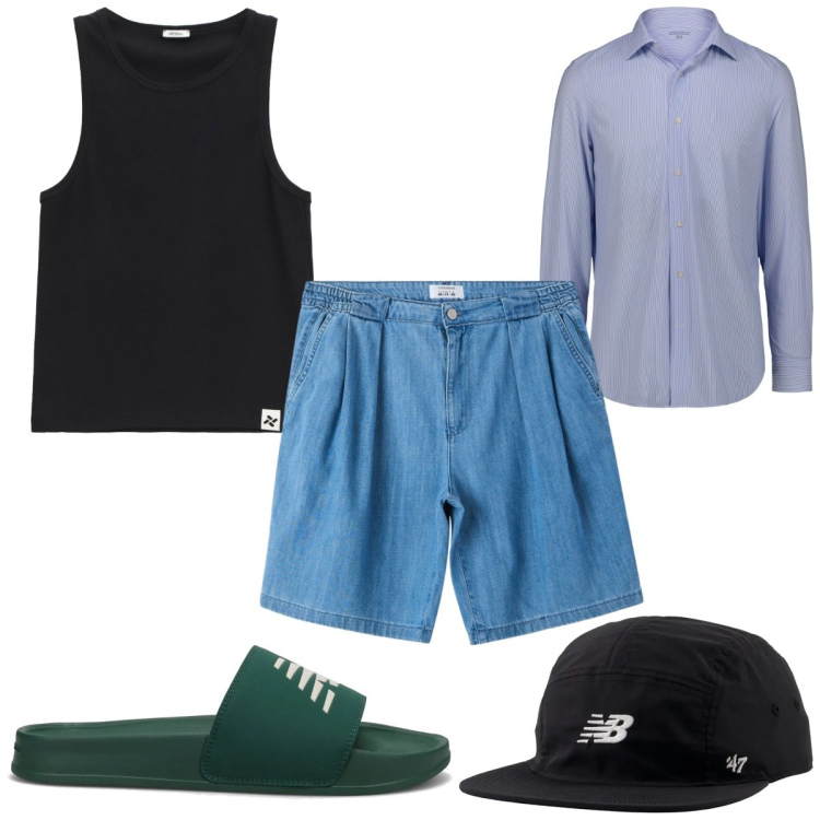 Outfit uomo - Total look #2211188. Stile Trendy per Mare. Abbinamento con shorts, cappelli con visiera, sandali, canottiere, camicie.