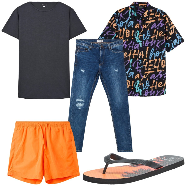 Outfit uomo - Total look #2211190. Stile Trendy per Mare. Abbinamento con camicie a manica corta, sandali, t-shirt, costumi, jeans strappati.
