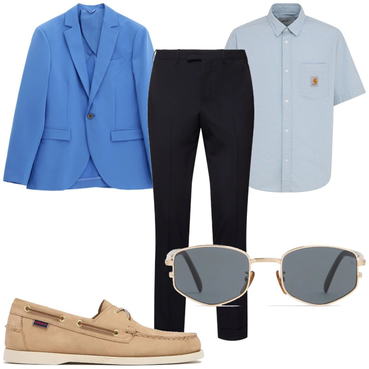 Outfit uomo - Total look #2211191. Stile Casual per Ufficio. Abbinamento con giacche, scarpe stringate, camicie a manica corta, pantaloni, occhiali da sole.