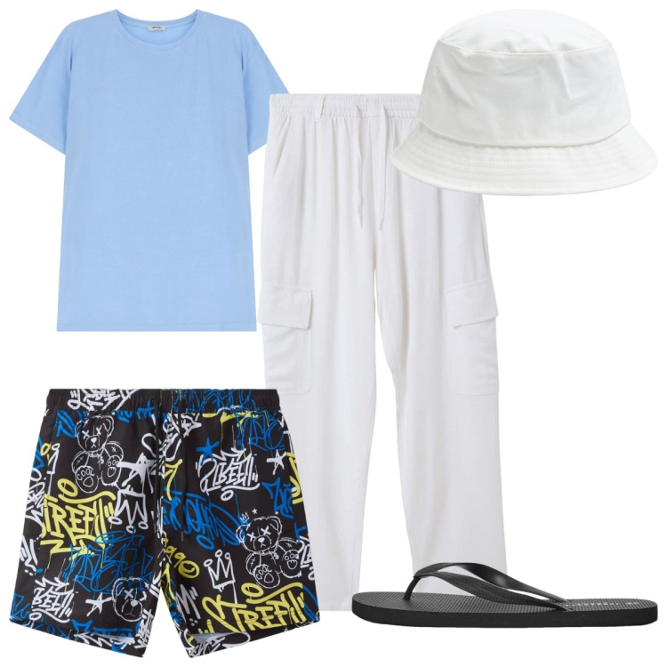 Outfit uomo - Total look #2211192. Stile Trendy per Mare. Abbinamento con costumi, sandali, pantaloni cargo, cappelli, t-shirt.