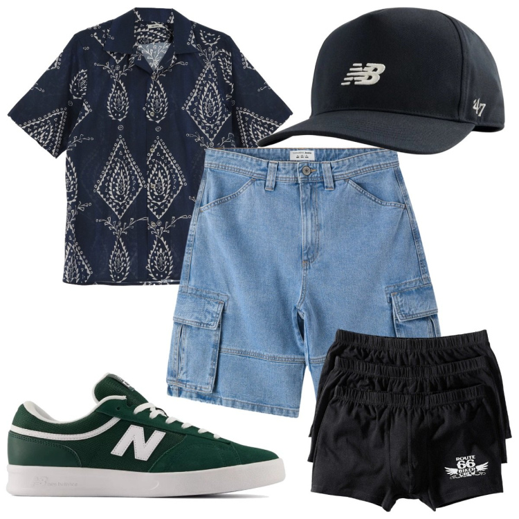 Outfit uomo - Total look #2211194. Stile Trendy per Tutti i giorni. Abbinamento con boxer, bermuda, cappelli con visiera, sneakers, camicie a manica corta.
