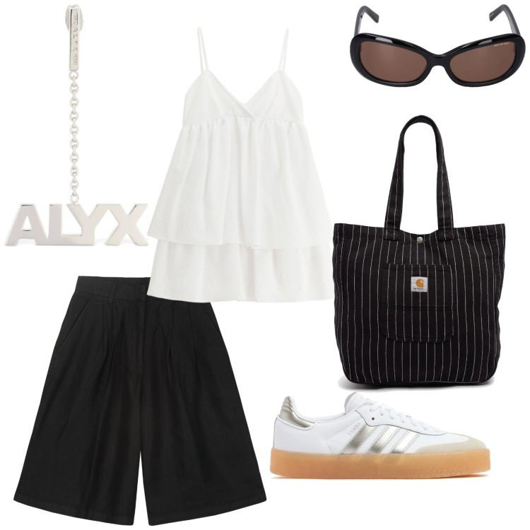 Outfit donna - A Caprera. per Mare. Abbinamento con vestiti corti, bermuda, sneakers, borse tote, occhiali da sole, orecchini.