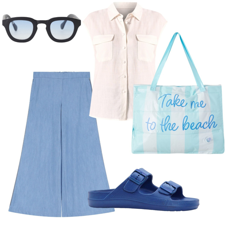 Outfit donna - Agosto vacanze. per Mare. Abbinamento con ciabatte, borse tote, camicie, pantaloni a palazzo, occhiali da sole.