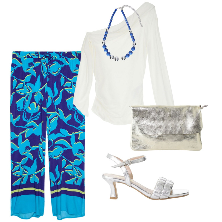Outfit donna - Serata san Lorenzo. per Mare. Abbinamento con sandali col tacco, maglieria, borse a tracolla, pantaloni a palazzo, collane.