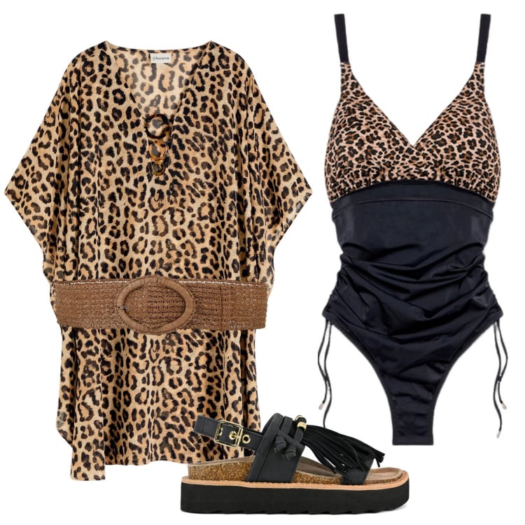 Outfit donna - Spiaggia animalier. Stile Etnico per Mare. Abbinamento con vestiti da spiaggia, cinture, costumi interi, sandali.