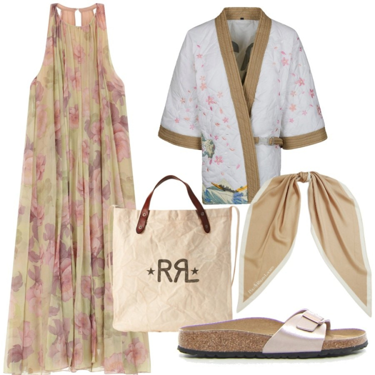 Outfit donna - Summer Holiday. Stile Etnico per Mare. Abbinamento con vestiti lunghi, kimono, foulard, borse tote, ciabatte.