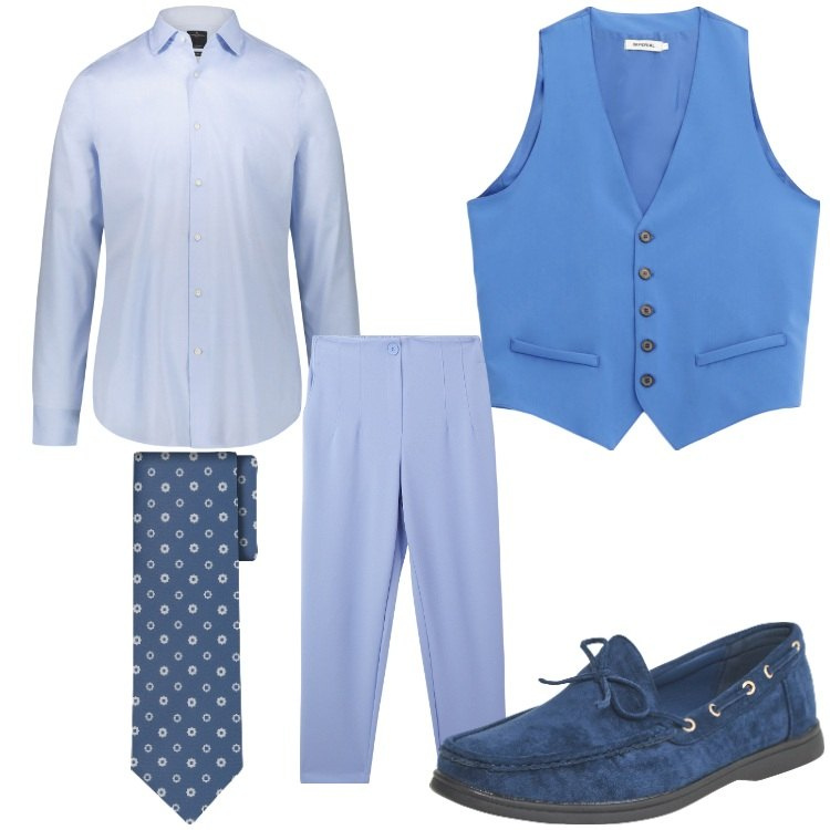 Outfit uomo - Eleganza blu. Stile Business/Elegante per Cerimonia. Abbinamento con scarpe stringate, pantaloni chino, gilet, camicie, cravatte.