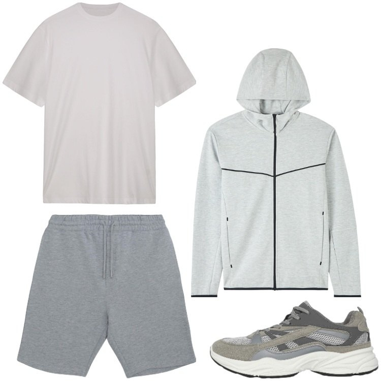 Outfit uomo - Oggi sport. Stile Casual per Sport. Abbinamento con felpe con cappuccio, pantaloni corti, sneakers, t-shirt.