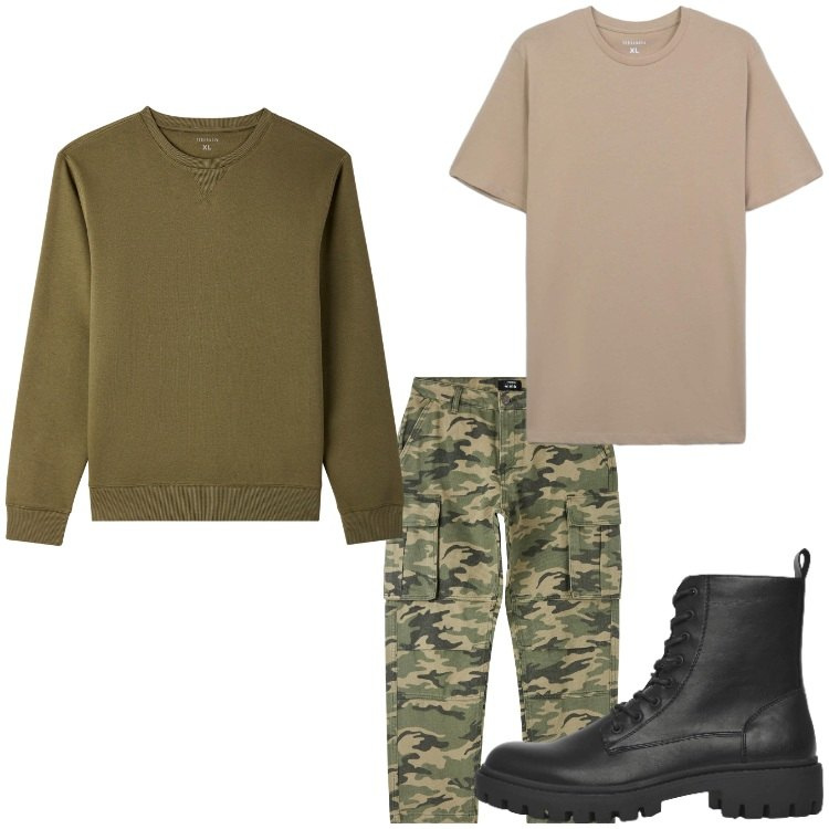 Outfit uomo - Nel bosco. Stile Casual per Sport. Abbinamento con pantaloni cargo, anfibi, t-shirt, felpe.