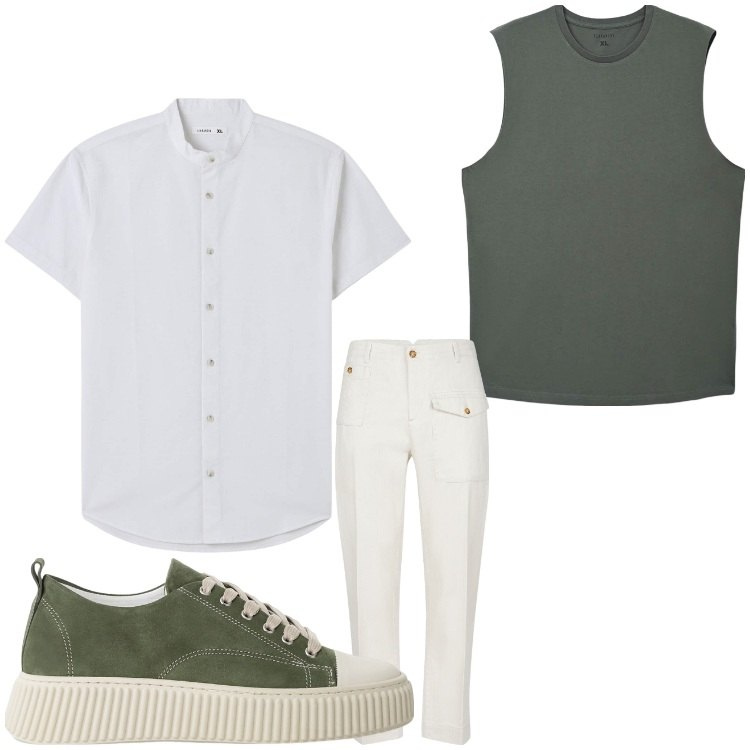 Outfit uomo - Biancamente. Stile Casual per Tutti i giorni. Abbinamento con camicie a manica corta, canottiere, sneakers, pantaloni.