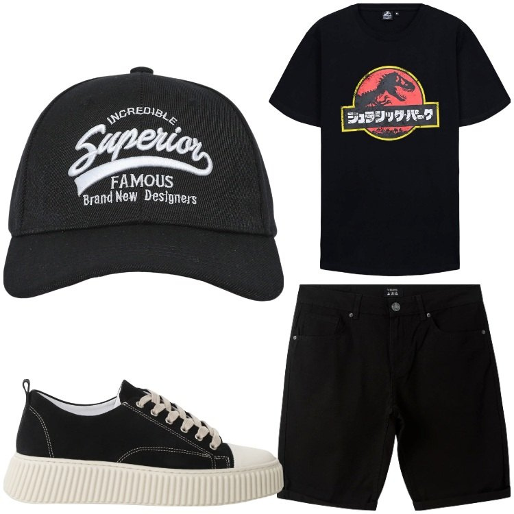 Outfit uomo - Jurassic. Stile Casual per Tutti i giorni. Abbinamento con cappelli con visiera, bermuda, t-shirt, sneakers.