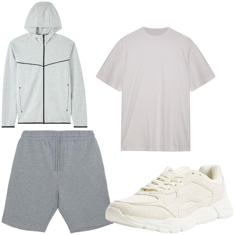 Outfit uomo - Hop hop. Stile Casual per Sport. Abbinamento con felpe con cappuccio, pantaloni corti, sneakers, t-shirt.