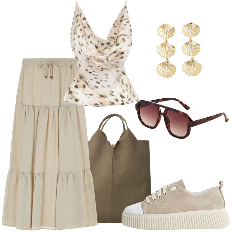 Outfit donna - Boho e maculato. Stile Boho per Tutti i giorni. Abbinamento con occhiali da sole, orecchini, top, sneakers, gonne lunghe, shopping bag.