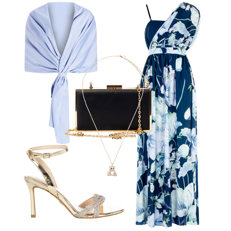 Outfit donna - Cerimonia. Stile Chic per Cerimonia. Abbinamento con vestiti asimmetrici, pochette, sandali col tacco, stole, ciondoli.