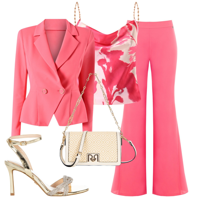 Outfit donna - Battesimo. Stile Chic per Cerimonia. Abbinamento con pantaloni, borse a tracolla, canottiere, blazer, sandali col tacco.