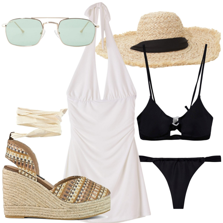 Outfit donna - Andare in spiaggia con eleganza. Stile Chic per Mare. Abbinamento con vestiti corti, bikini, bikini, occhiali da sole, cappelli, zeppe.