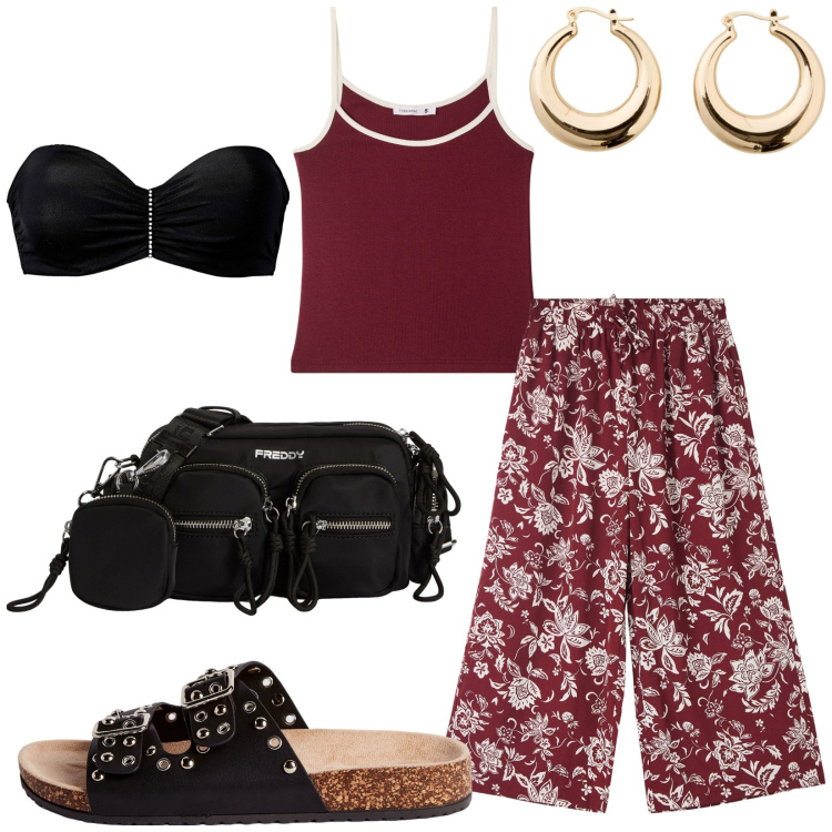 Outfit donna - Total look #2211255. Stile Basic per Tutti i giorni. Abbinamento con reggiseni, orecchini, pantaloni a palazzo, ciabatte, top, borse a tracolla.