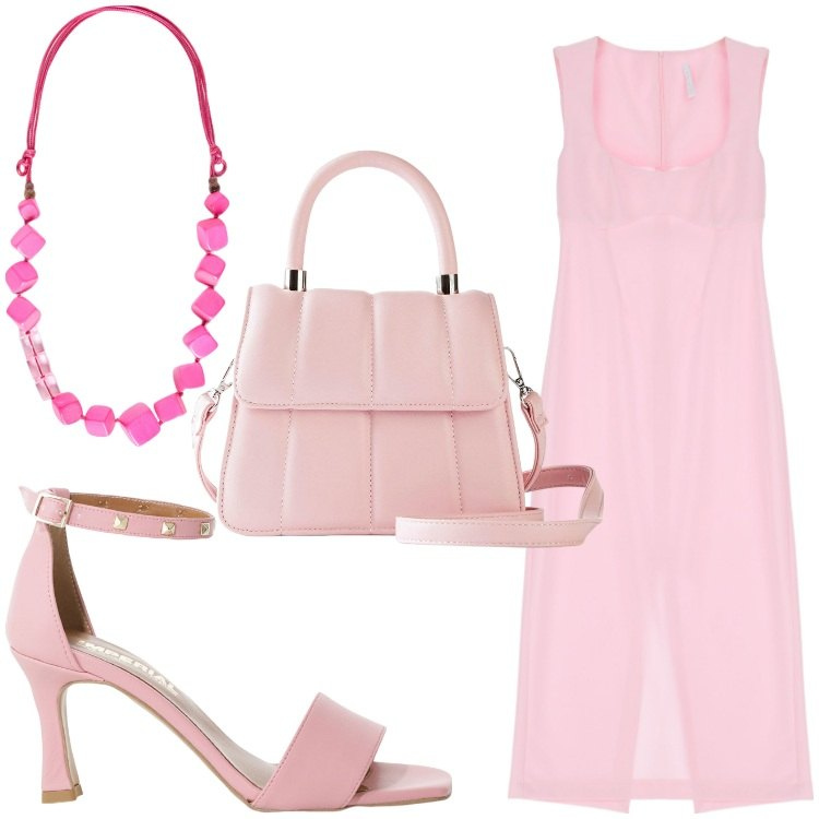 Outfit donna - Candy sugar. Stile Chic per Serata fuori. Abbinamento con borse a tracolla, sandali col tacco, vestiti midi/longuette, collane.