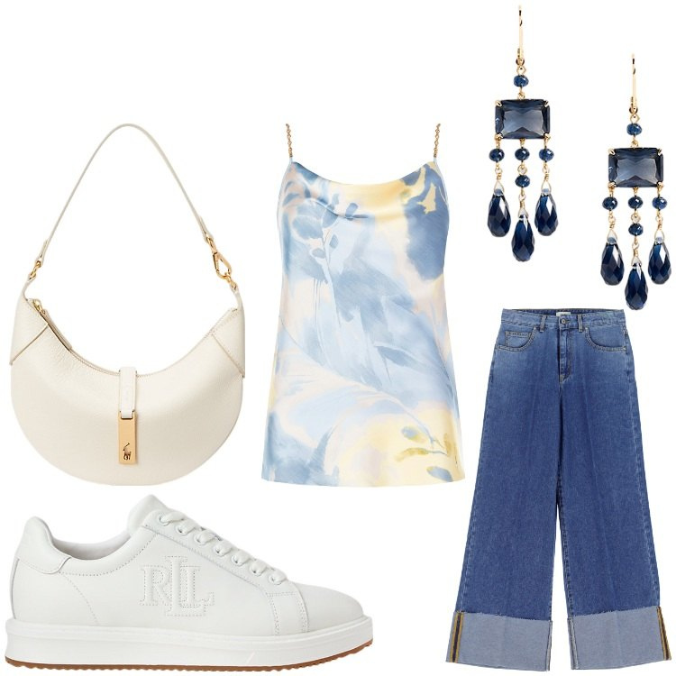 Outfit donna - Top jeans. Stile Sporty chic per Serata fuori. Abbinamento con top, jeans, sneakers, borse a spalla, orecchini.