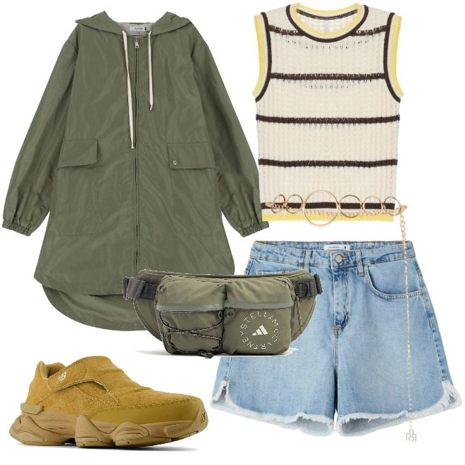 Outfit donna - Parka verde. Stile Sporty chic per Tutti i giorni. Abbinamento con shorts, sneakers, cinture, parka, top, marsupi.