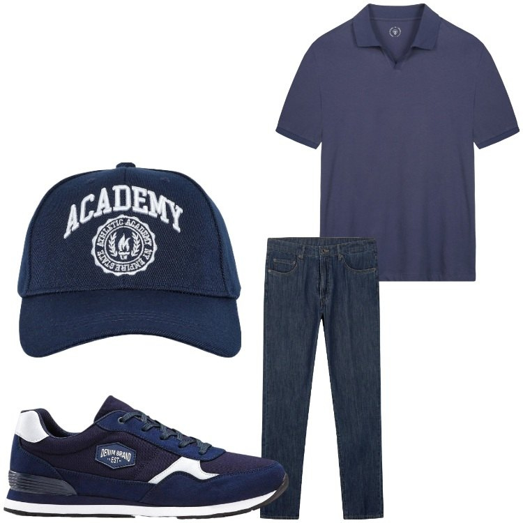 Outfit uomo - Academy. Stile Casual per Tutti i giorni. Abbinamento con sneakers, cappelli con visiera, jeans, polo.