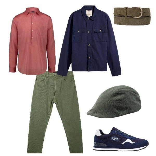 Outfit uomo - ARMONIA CROMATIVA 04_triadica/equilatera. Stile Urban per Tutti i giorni. Abbinamento con sneakers, giacche, pantaloni, cappelli con visiera, cinture, camicie.
