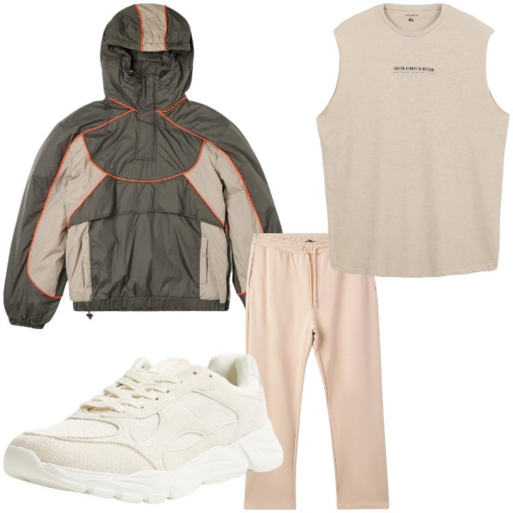 Outfit uomo - Piove in montagna. Stile Casual per Tutti i giorni. Abbinamento con sneakers, giacche, t-shirt sportive, pantaloni sportivi.