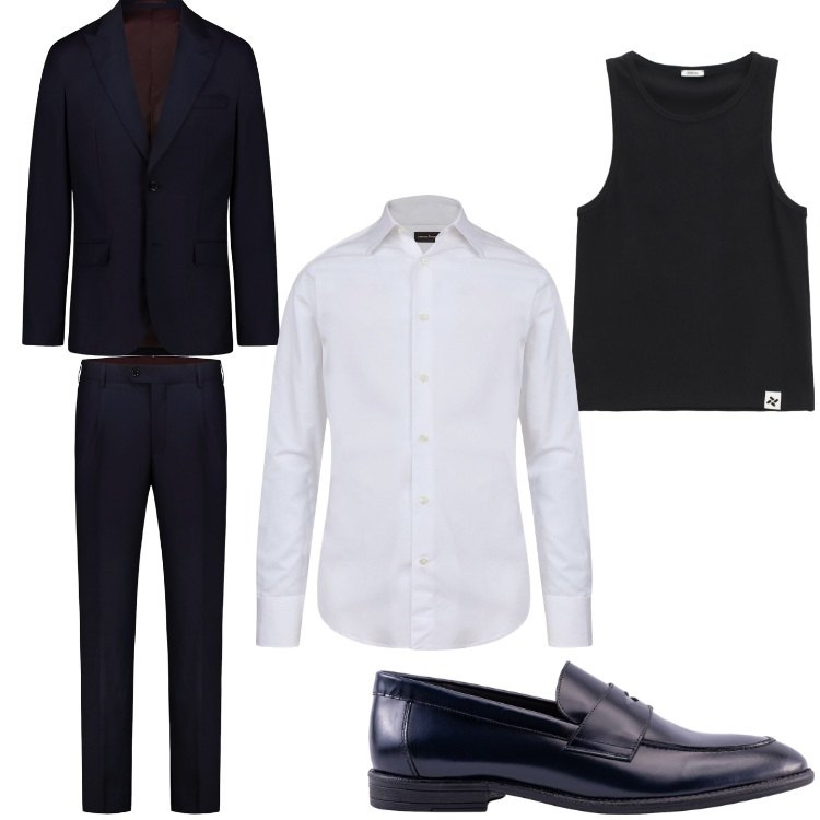 Outfit uomo - Bianco nero da cerimonia. Stile Business/Elegante per Cerimonia. Abbinamento con canottiere, camicie, abiti, scarpe stringate.
