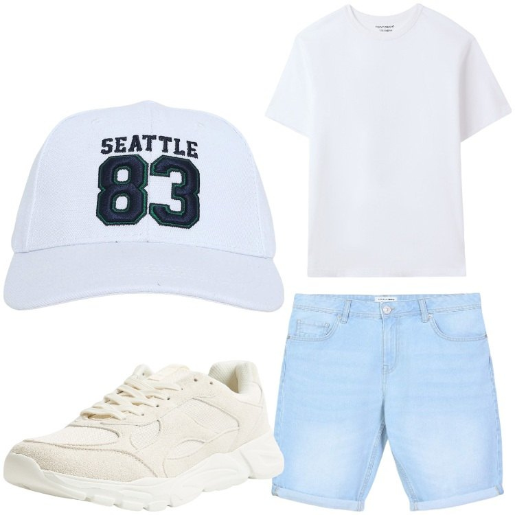 Outfit uomo - In chiaro. Stile Casual per Tutti i giorni. Abbinamento con cappelli, t-shirt, bermuda, sneakers.