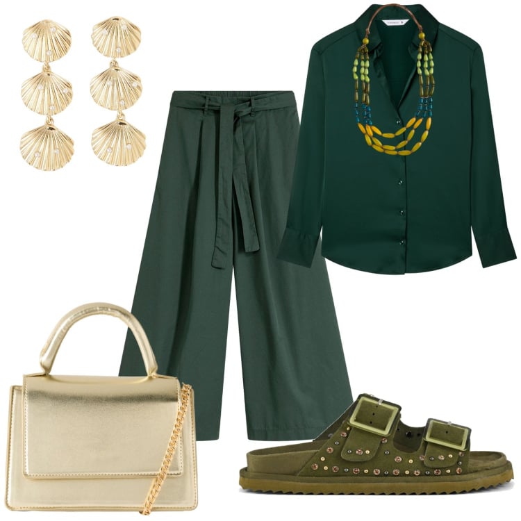 Outfit donna - Verde. Stile Casual chic per Tutti i giorni. Abbinamento con pantaloni, camicie, borse a tracolla, orecchini, sandali, collane.