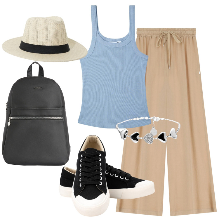 Outfit donna - Holiday time. Stile Casual per Tutti i giorni. Abbinamento con canottiere, pantaloni a palazzo, cappelli, zaini, braccialetti, sneakers.
