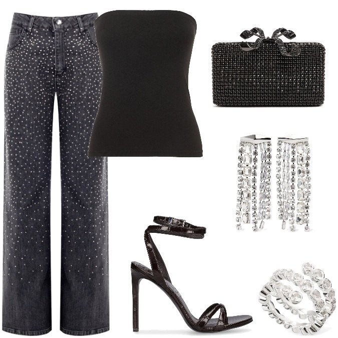 Outfit donna - Total look #2211312. Stile Chic per Serata fuori. Abbinamento con jeans, sandali in pelle, pochette, anelli, top, orecchini.