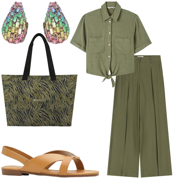 Outfit donna - Total look #2211313. Stile Casual per Tutti i giorni. Abbinamento con sandali, camicie a manica corta, shopping bag, pantaloni a palazzo, orecchini.