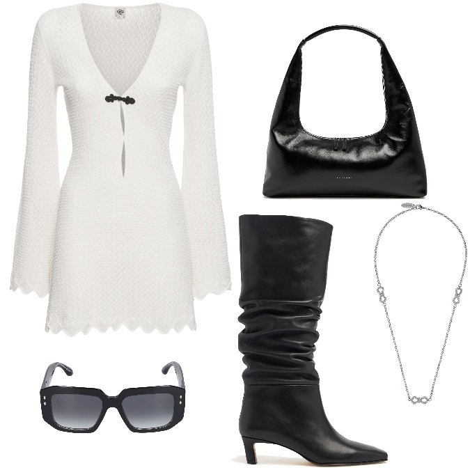 Outfit donna - Total look #2211320. Stile Trendy per Tutti i giorni. Abbinamento con stivali, borse a spalla, vestiti, collane, occhiali da sole.