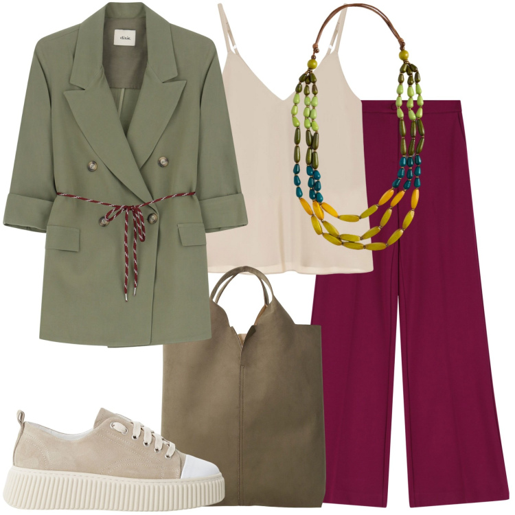 Outfit donna - In ufficio. Stile Casual per Ufficio. Abbinamento con pantaloni, sneakers, shopping bag, blazer, top, collane.