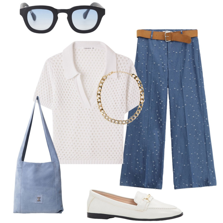 Outfit donna - In città. Stile Minimal per Tutti i giorni. Abbinamento con mocassini, collane, polo, pantaloni, occhiali da sole, borse a tracolla.