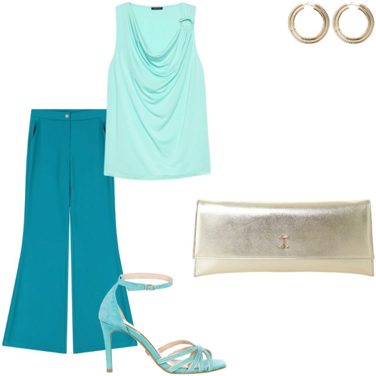 Outfit donna - Verde acqua marina. Stile Chic per Serata fuori. Abbinamento con sandali col tacco, pochette, pantaloni, orecchini, top.