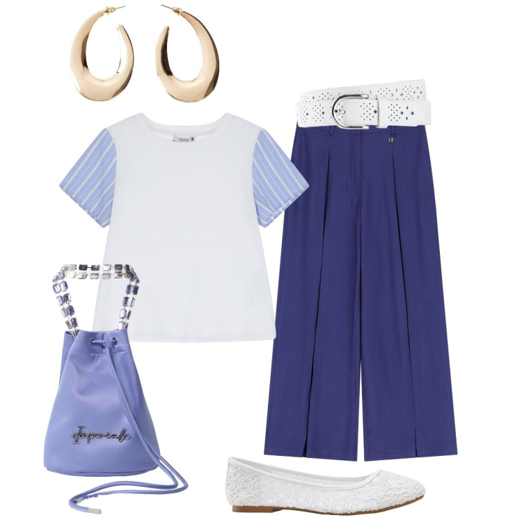 Outfit donna - Total look #2211327. Stile Minimal per Tutti i giorni. Abbinamento con ballerine, cinture, orecchini, t-shirt, borse a secchiello, pantaloni a palazzo.