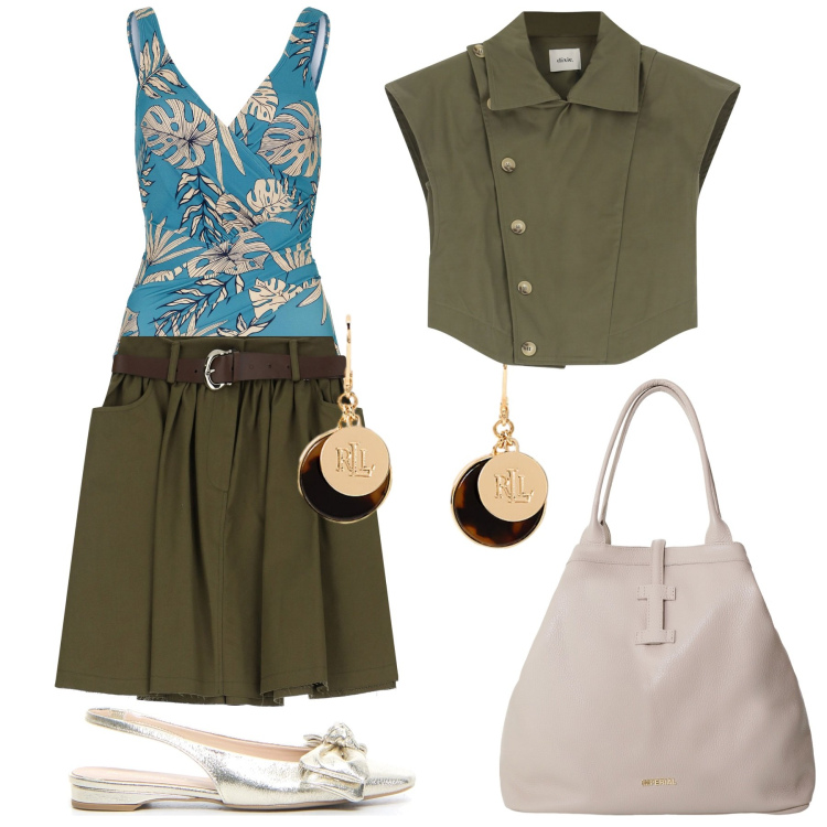 Outfit donna - Summer Holiday. Stile Casual chic per Mare. Abbinamento con costumi interi, borse tote, gilet, minigonne, orecchini, sandali in pelle.