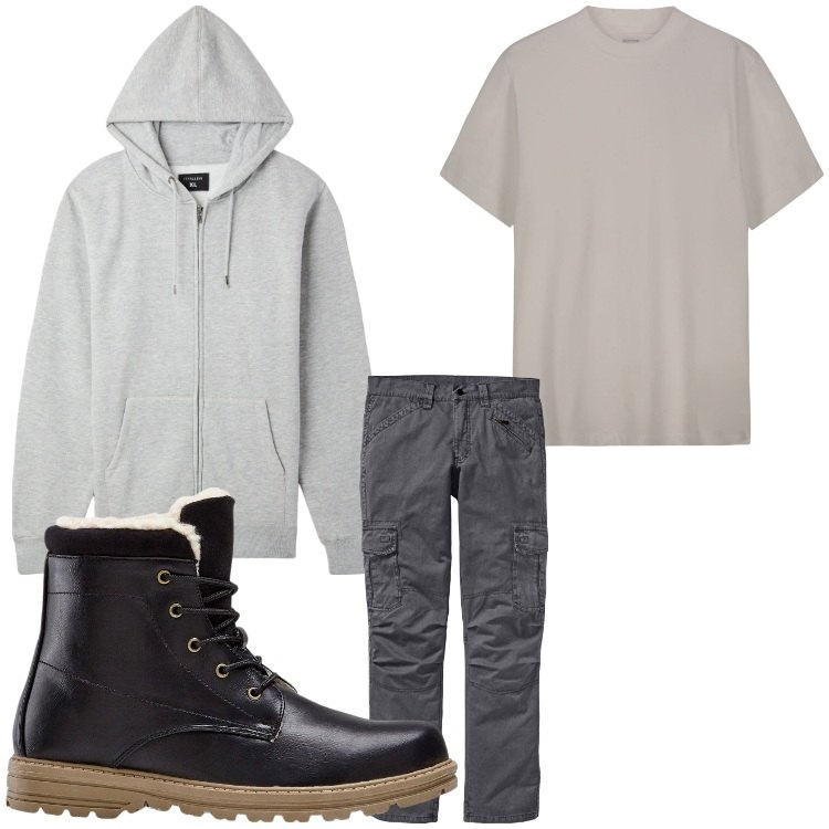 Outfit uomo - Quota 1000. Stile Casual per Tutti i giorni. Abbinamento con pantaloni cargo, stivali e stivaletti, felpe con cappuccio, t-shirt.
