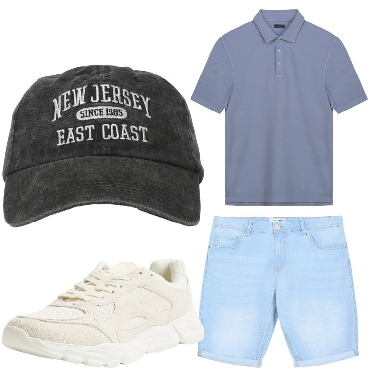 Outfit uomo - Passeggiata al lago. Stile Casual per Tutti i giorni. Abbinamento con sneakers, cappelli con visiera, bermuda, polo.